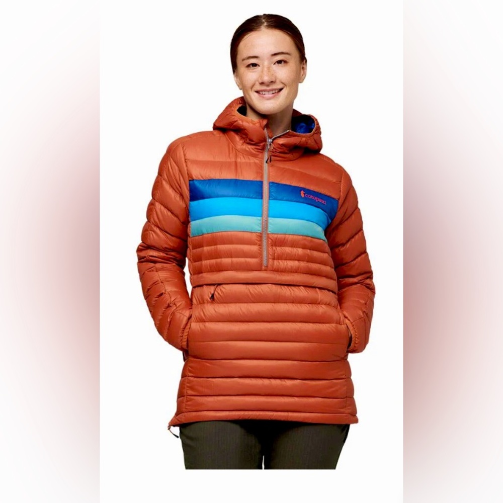 Cotopaxi Fuego Hooded Puffer in Spice Stripe Women’s XL Jacket Sweater